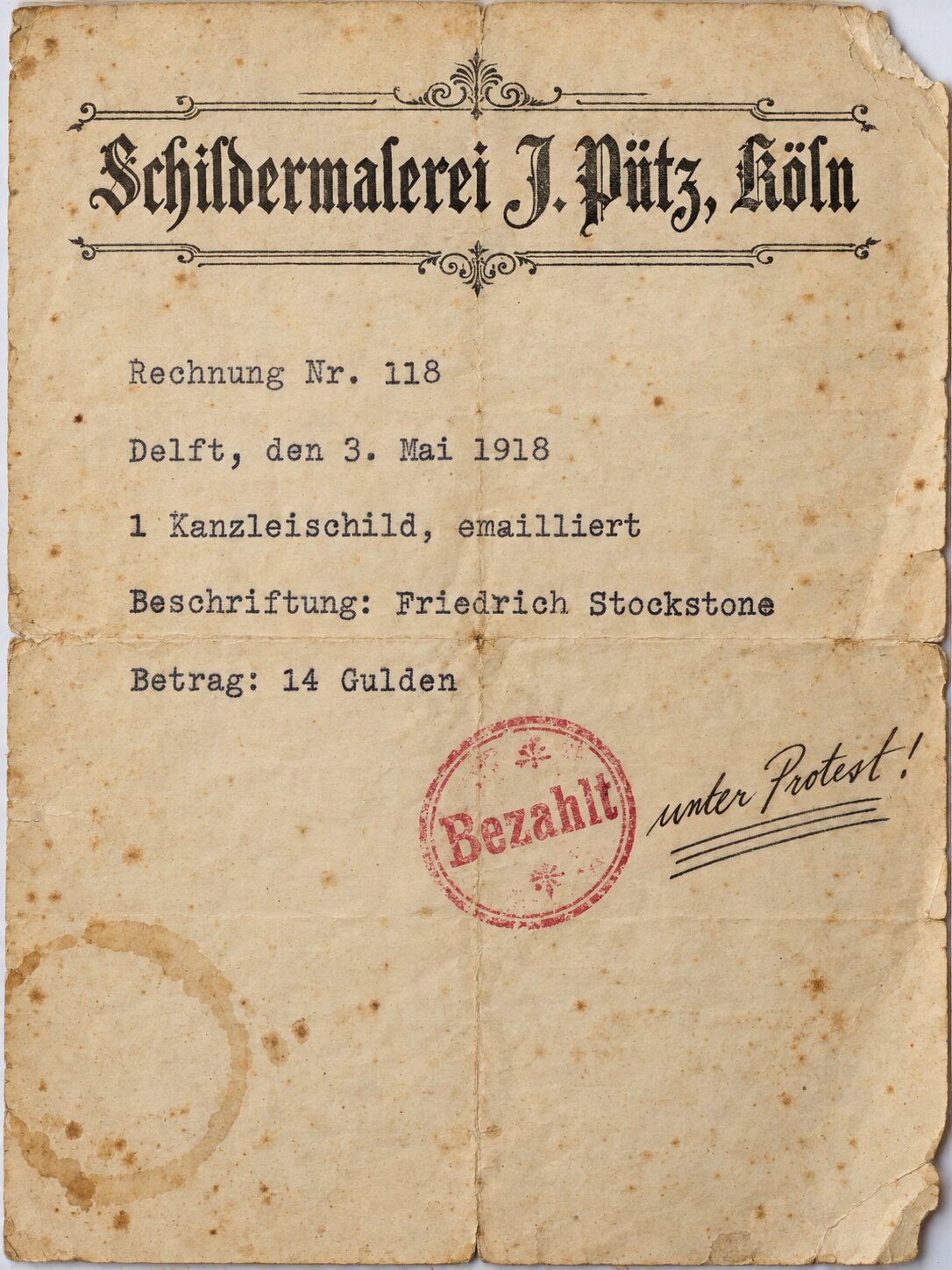 Rechnung von Schildermaler Pütz